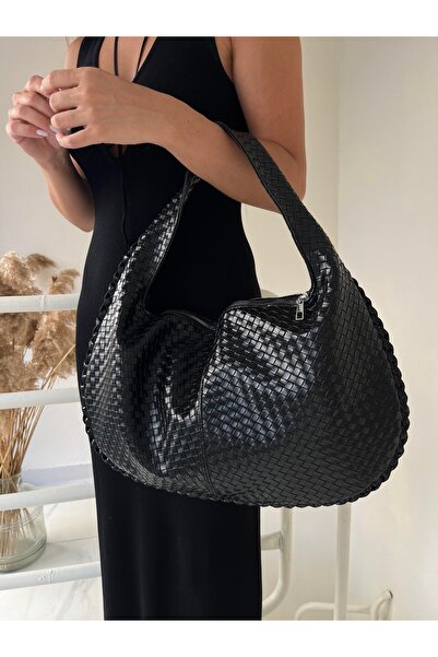 podyumgiyim Knitted Textured Zippered Large Hand and Shoulder Bag Black