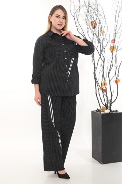 JERFİ Women's Black Striped and Stone-Detail Plus Size Double Set