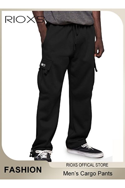 RIOXS Men's Cargo Pants, Loose Fit Drawstring Elastic Waist Joggers with Mult...