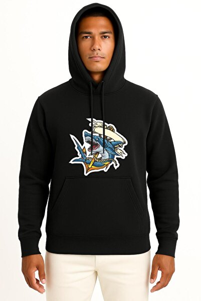 Bahriyeli Collection cu glugă Rechin și ancoră piept și spate cu imprimeu Uni...