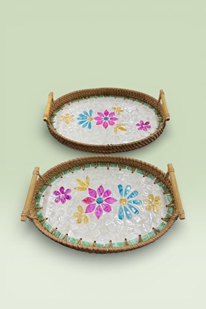 Evsun Home Collection 2-Piece Pearlescent Glass Rattan Tray Brown 28X20Cm and...