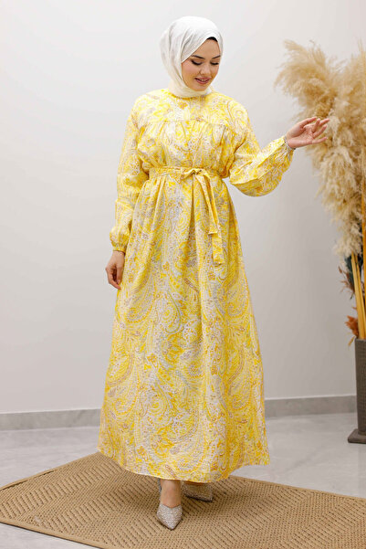 Tesettür Dünyası Patterned Robe Dress Tsd250267 Yellow