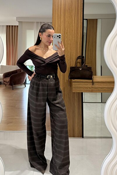 Gizem Ecemiş Adriel Kahve Ekose Palazzo Pantolon