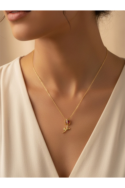 ddtwo Doğum Taşlı Kişiye Özel Altın Kaplama 925 Ayar Lale Gümüş Kolye