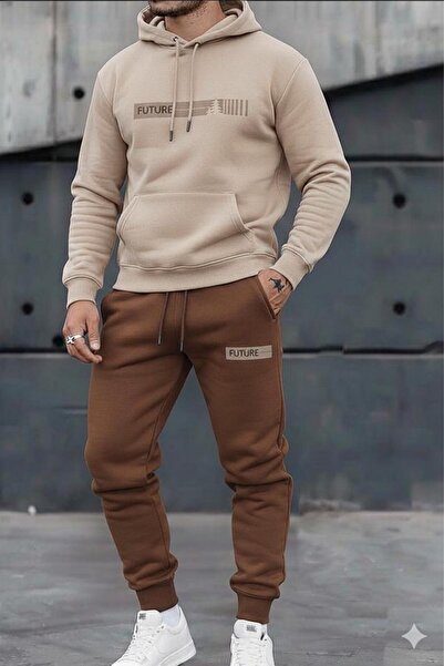 CAST COLLECTİON Set de trening maro cu glugă și imprimeu Future, bej, pentru ...