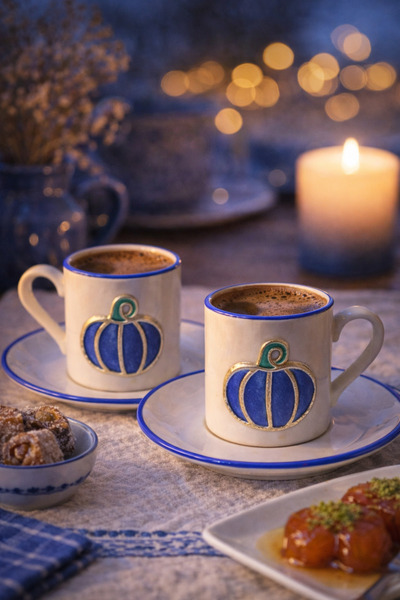 Evila 4 Parça 2 Kişilik Kabak Desenli Porselen Türk Kahvesi Fincan Seti