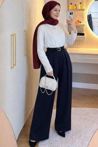 Şulemoda Giyim Palazzo Belted Trousers Navy Blue