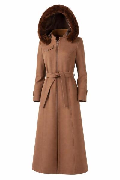 ESİN GİYİM Luna Kürk Kapüşonlu Kemerli Uzun Kaban