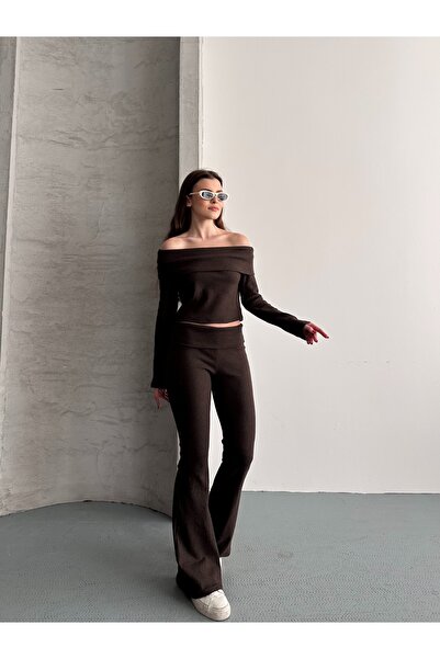 eyyebelle Women's Madonna Collar Blouse Flared Leggings Double Set