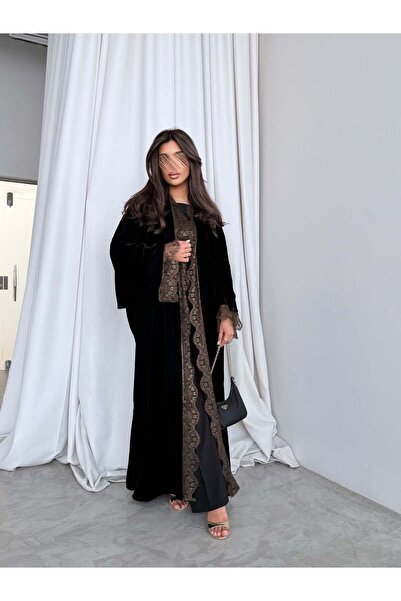 AYA MWT981 - Velvet abaya with olive lace trim