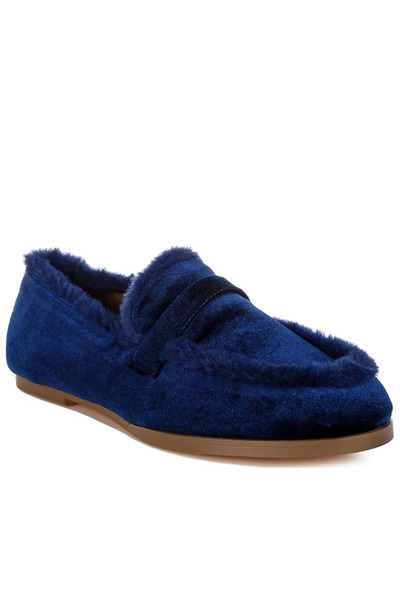 london Rag Women Fur Detail Velvet Loafers in Dark Blue
