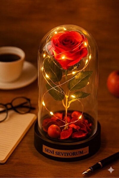 Deco Elit Sevgiliye Seni Seviyorum Temalı Led Işıklı Mika Fanus Kırmızı Yapma...