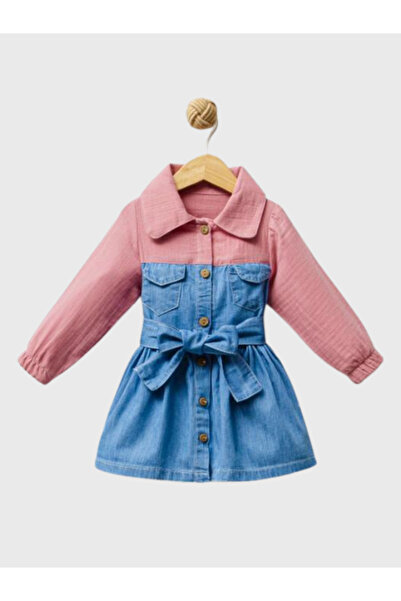shop فستان جينز للفتيات مصنوع من قماش الموسلين القطني 100% مع حزام على الخصر ...