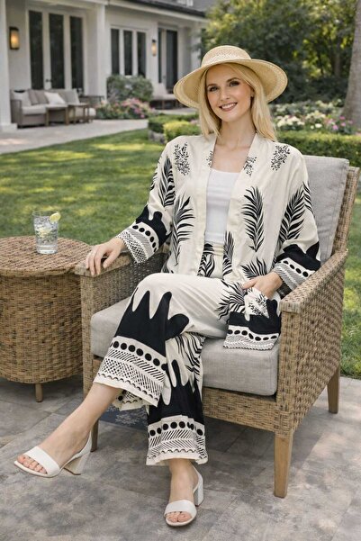 forte bella Patterned Top and Bottom Trend Kimono Set