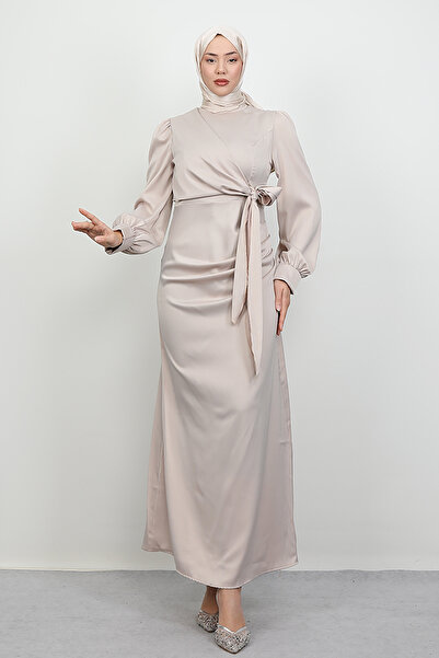 Lamia Giyim Saten Yan Kuşaklı Elbise Krem