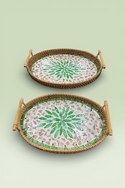 Evsun Home Collection 2-Piece Pearlescent Glass Rattan Tray Brown 28X20Cm and...