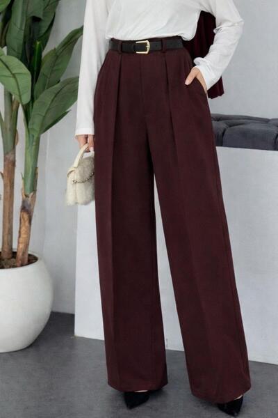 Şulemoda Giyim Palazzo Belted Trousers Burgundy