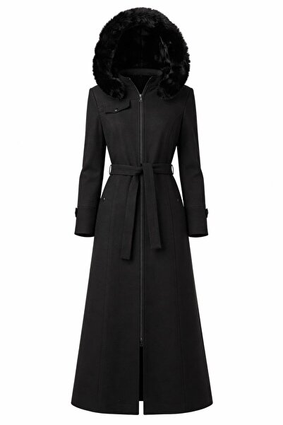 ESİN GİYİM Luna Kürk Kapüşonlu Kemerli Uzun Kaban