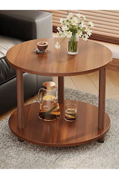 Mtanvxay طاولة خشبية بنية اللون، ذات طبقتين، صغيرة مستديرة، ارتفاعها 20.87 بو...