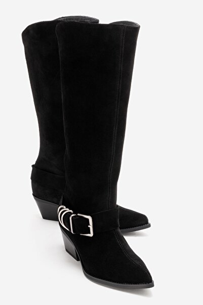 LuviShoes HELIOS Siyah Süet Hakiki Deri Tokalı Kadın Western Çizme