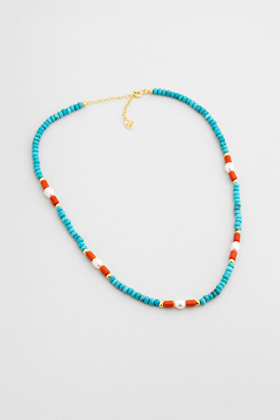 So CHIC... Turkuaz ve Mercan Taşlı 18 Ayar Sarı Altın Kaplama 45 Cm Gümüş Kolye