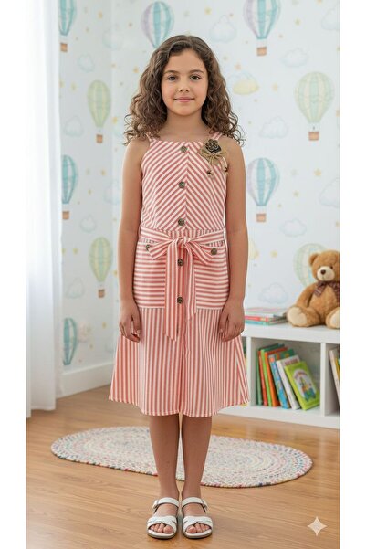 ÖRZİ Kids Children's Buttoned Strap Dress with Double Pockets Summer Dress Ag...