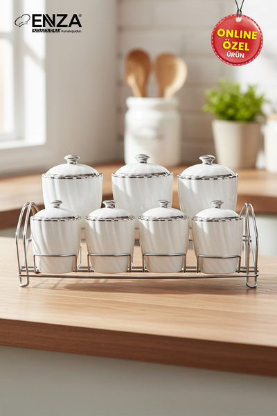 Enza Esin Platin Porcelain Spice Set with Stand 15 Pieces