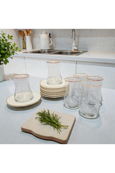 Sudedi Home Sudedi Sade 6'lı Beyaz Tabaklı ve Altın Detaylı Çay Bardağı Takım