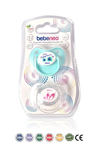 BEBENEO Ortodontik Kapaklı Emzik 2 adet Yeşil ve Beyaz Kapaklı Damaklı Yalanc...