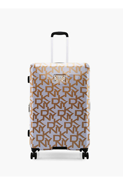 Dkny حقيبة سفر صلبة بعجلات مزينة بنقشة شعار، مزودة بمقبض قابل للسحب - حقيبة س...