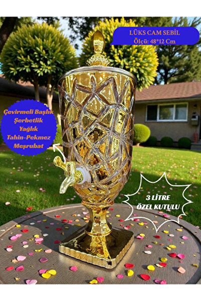 İnterlife Lüks Gold Renkli Musluklu Sürahi – Kristal Desenli Şerbetlik & Meşr...