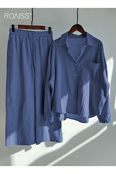 ROAISS طقم قميص نسائي من قطعتين، تصميم كلاسيكي أنيق بلون موحد، مصنوع من القطن...