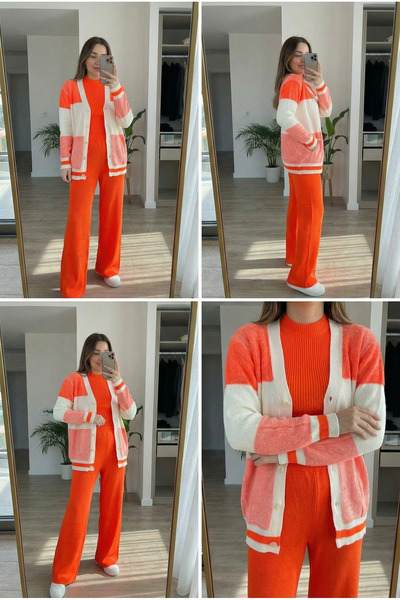 Kirazca Butik Women's Color Block Knitwear 3-Piece Set – Cardigan Blouse Pant...