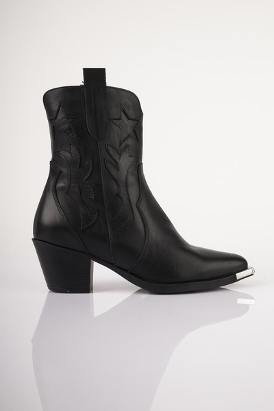 SU SHOE BOUTIQUE NO100 Siyah Hakiki Deri Galvaniz Burunlu Kovboy Bot