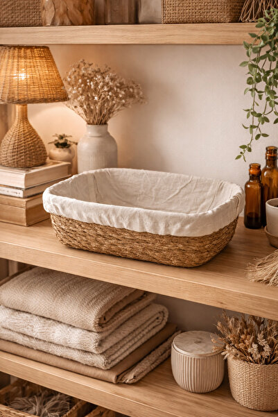 Evila Dikdörtgen Hasır Doğal Çok Amaçlı Organizer Sepet – Kumaş Astarlı Dekor...