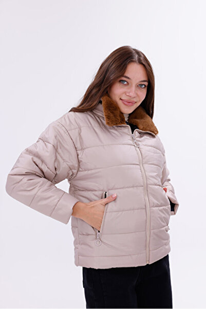 VERA LİFE Women's Plush Collar Zippered Puffer Coat