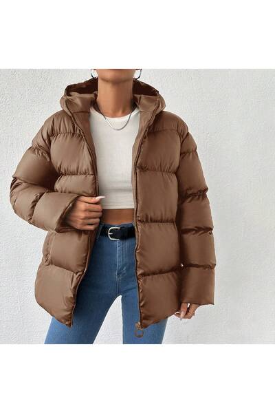 BLUSS Women's Brown Waterproof Puffer Jacket - Lined Inside K Hooded O Oversi...