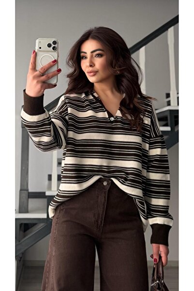 Oslove Bitter brown-cream striped polo collar knit sweater