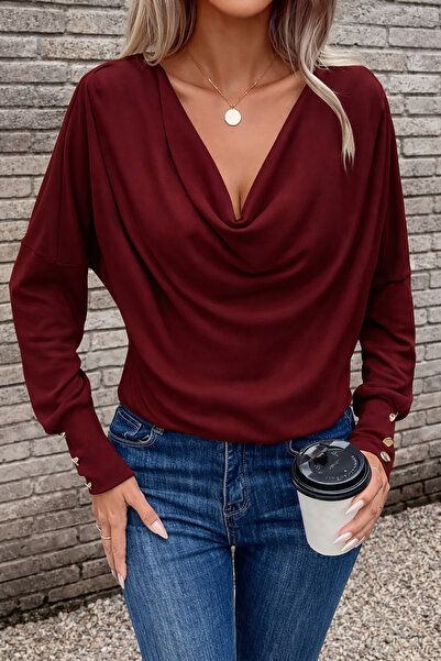 Deafox Burgundy Women's Long Sleeve Button Detailed Batwing Sleeve Crepe Fabr...