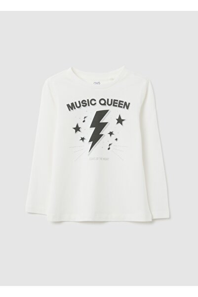 Ovs تيشيرت قطني أبيض للبنات، بقصة عادية