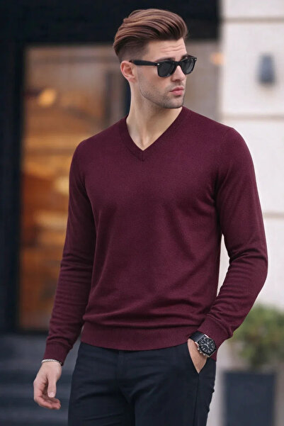 COMBİNE MİCHAİL Erkek Premium Bordo V Yaka Triko Kazak