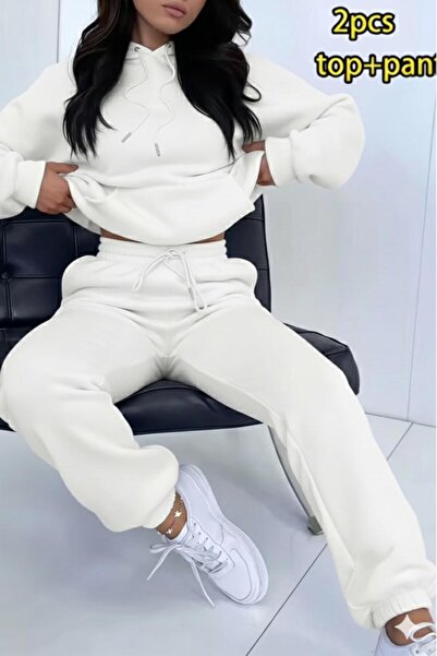 CAST COLLECTİON Women's White Hooded Sweat Tracksuit Bottom Set