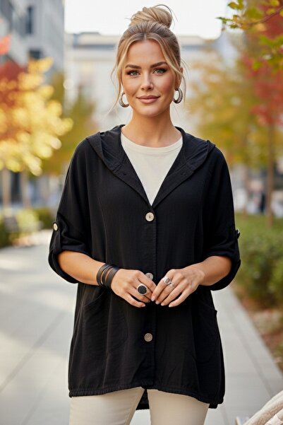 Chiccy Italian Black K Hooded 3/4 Sleeve Buttoned Pocket Slim Casual Velvet W...