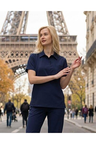 Dr. Mitra طقم نسائي من طراز باريس باللون الأزرق الداكن قماش قابل للتمدد طقم ط...