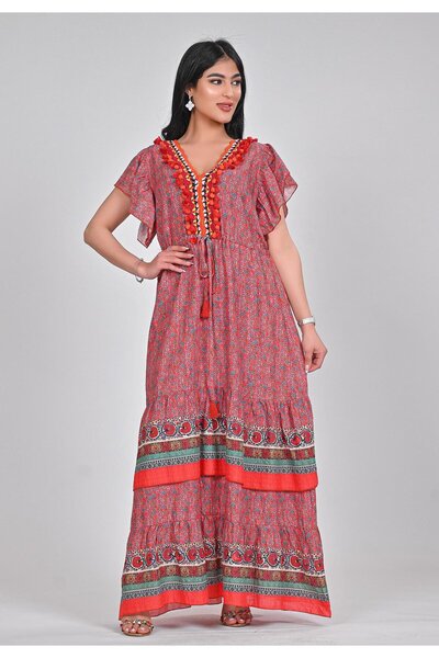 Opera Fashion جلابية قماش كتان بنقش غجري