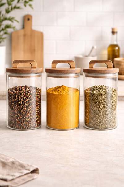 Kitchen Way Acacia Round Gasket Lid 3-Piece Borosilicate 1000ml Jar Set Kw-771