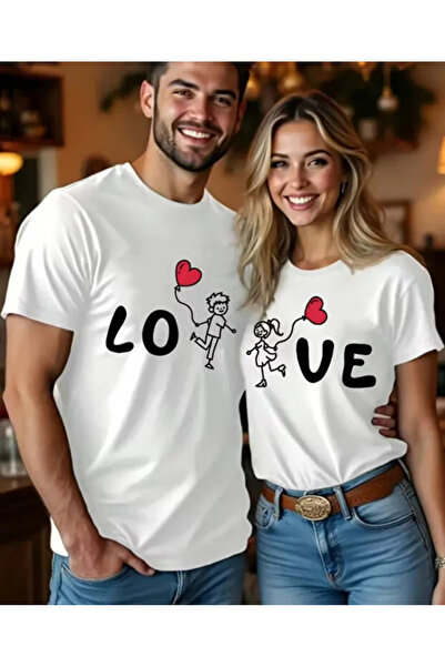 shi dumanlar giyim Oversize Çift Eş Sevgili Kombini Lo-Ve Baskılı Unisex Tshi...