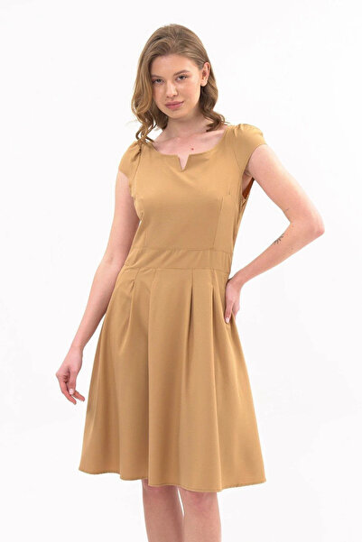 Arseno Γυναικείο κοντό φόρεμα με φερμουάρ και λεπτομέρεια πιέτας - Κρεμ - ARS...