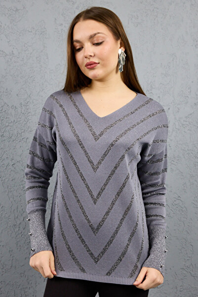 Clothes Fast Women's Gray Glitter Knit Sweater, V Pattern Detail, Long Sleeve...