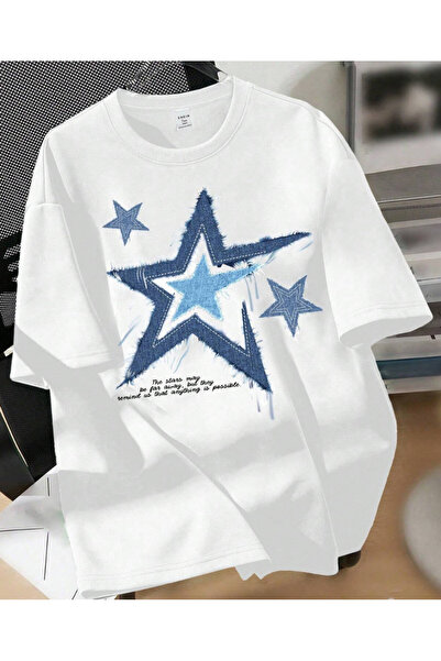 shi dumanlar giyim Unisex Bay/ Oversize Mavili Yıldızlar Baskılı Tshirt T-shi...